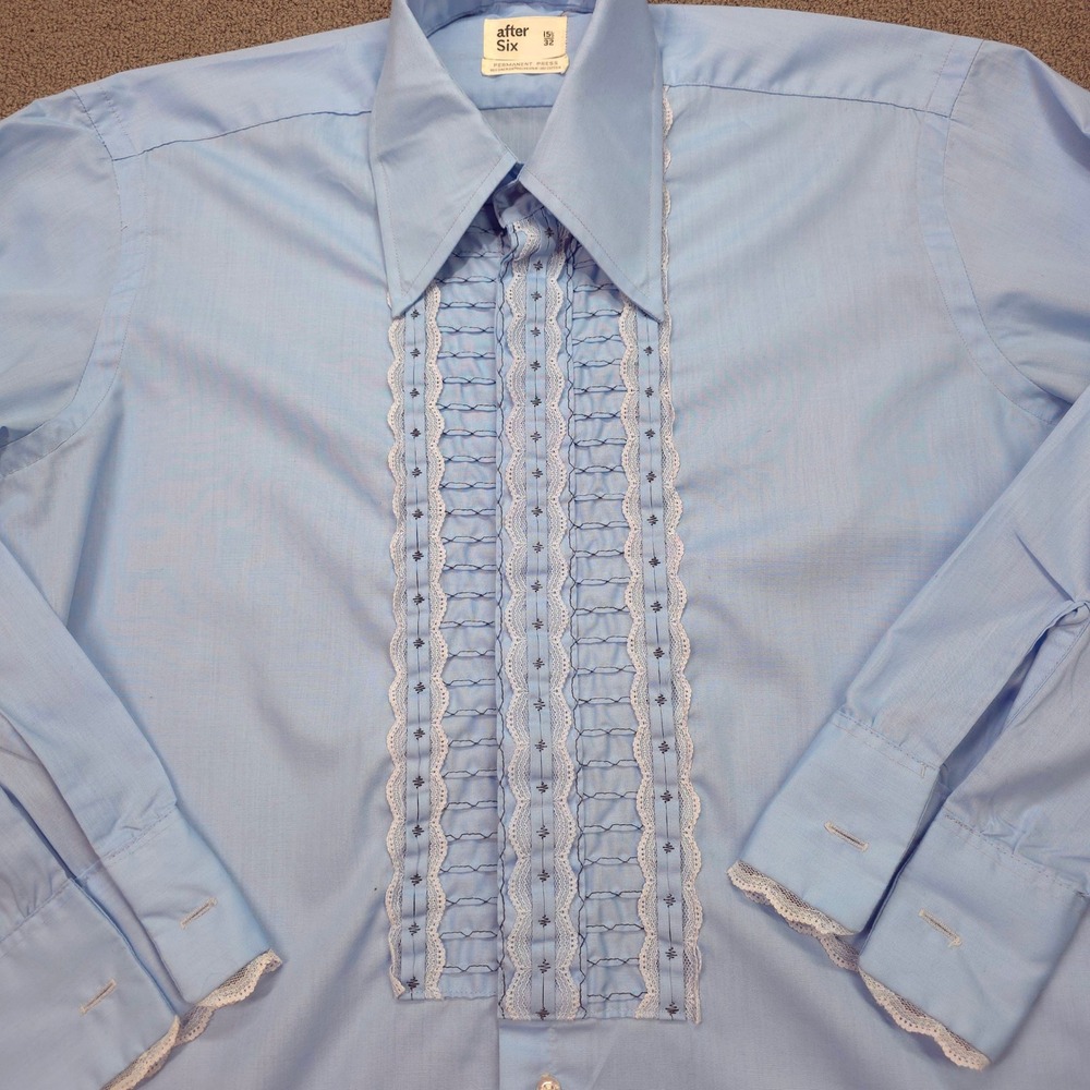 After Six Mens Vintage 70s Ruffle Tuxedo Shirt Blue Lace Trim 15.5 x 32 - Picture 4 of 9
